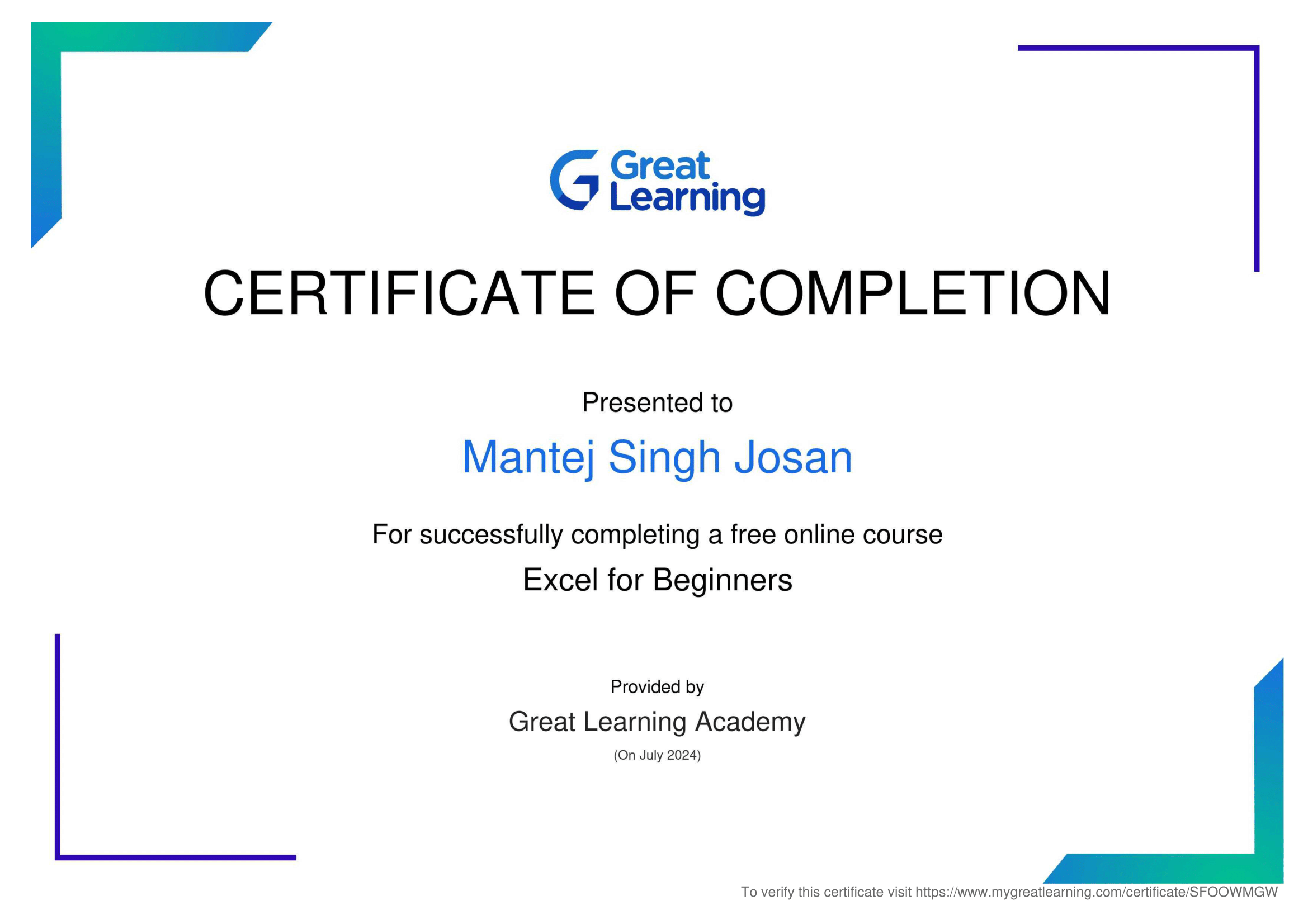 excel certificate
